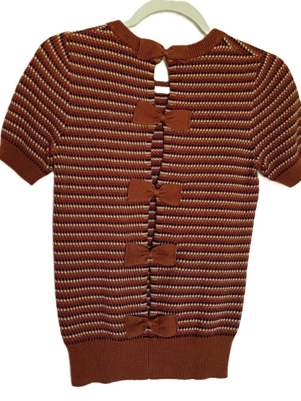 French Connection Back Bows Short Slv Sweater Wool Brown Metallic Stripe Small